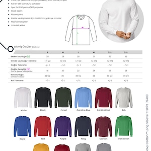 Może przedstawiać: Koszulka z długim rękawem Gildan Heavy Cotton w r&oacute;żnych kolorach. Na zdjęciu biała koszulka z długim rękawem i paleta barw z opcjami takimi jak czarny, leśny zielony i błękitny. Wymiary w cm.