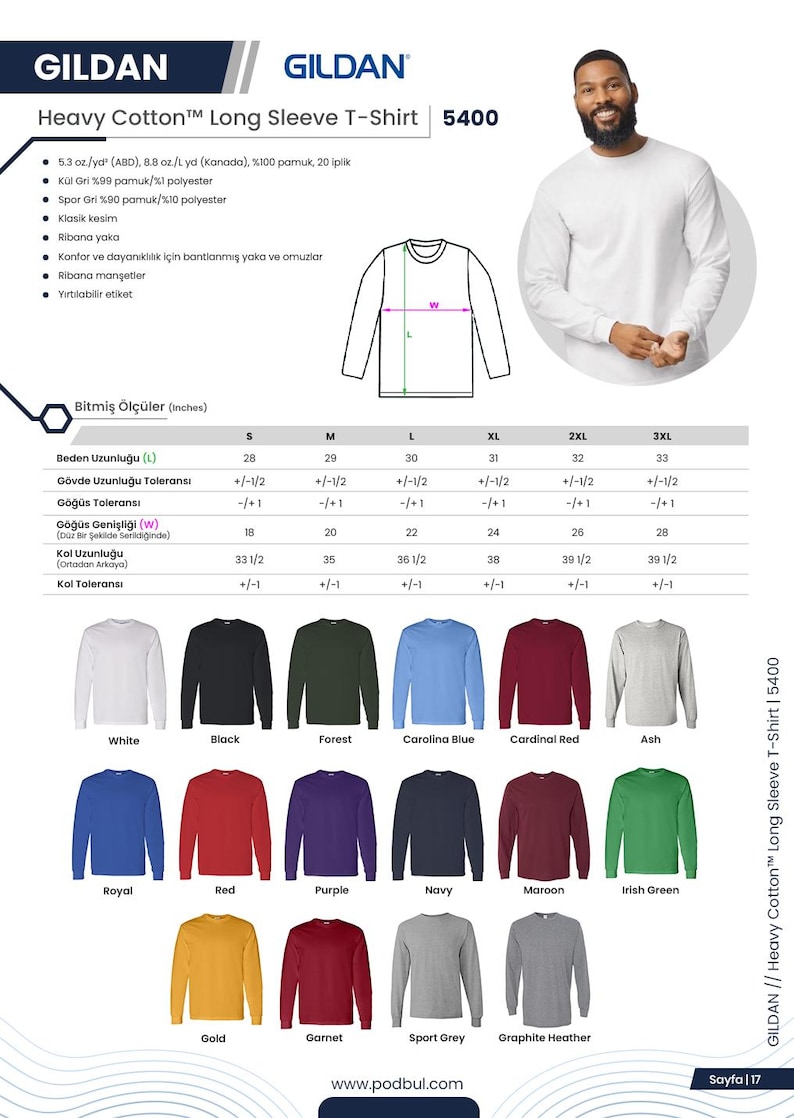 Może przedstawiać: Koszulka z długim rękawem Gildan Heavy Cotton w r&oacute;żnych kolorach. Na zdjęciu biała koszulka z długim rękawem i paleta barw z opcjami takimi jak czarny, leśny zielony i błękitny. Wymiary w cm.