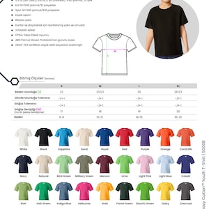 Może przedstawiać: Koszulka Gildan Heavy Cotton Youth T-Shirt 5000B w r&oacute;żnych kolorach. Obraz przedstawia czarną koszulkę na młodej osobie oraz tabelę z opcjami kolor&oacute;w i wymiarami. Koszulka wykonana jest w 100% z bawełny. Wymiary w cm.