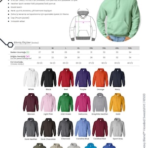 Może przedstawiać: Bluza z kapturem Gildan Heavy Blend w r&oacute;żnych kolorach. Na zdjęciu model w jasnozielonej bluzie z kapturem, z tabelą rozmiar&oacute;w i opcjami kolorystycznymi, w tym biały, czarny, czerwony i granatowy. Bluza ma kieszeń typu kangur.