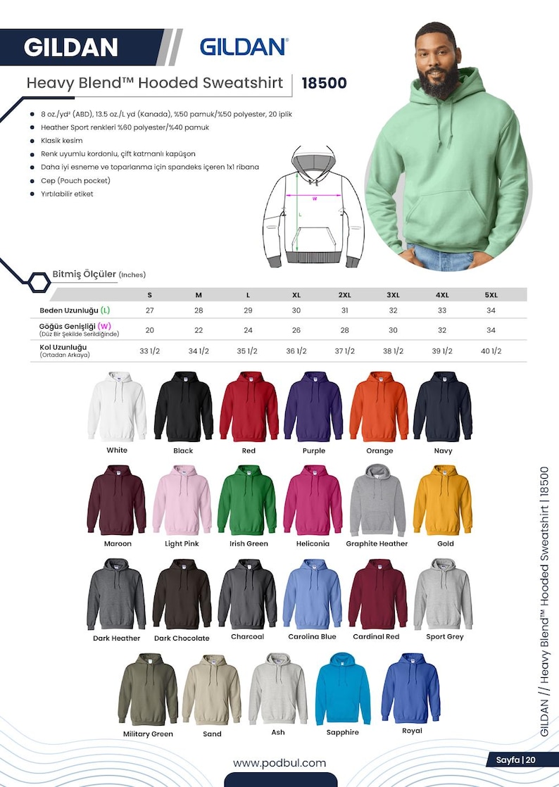 Może przedstawiać: Bluza z kapturem Gildan Heavy Blend w r&oacute;żnych kolorach. Na zdjęciu model w jasnozielonej bluzie z kapturem, z tabelą rozmiar&oacute;w i opcjami kolorystycznymi, w tym biały, czarny, czerwony i granatowy. Bluza ma kieszeń typu kangur.
