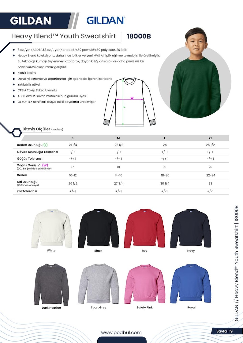 Może przedstawiać: Bluza Gildan Heavy Blend Youth w r&oacute;żnych kolorach. Klasyczny kr&oacute;j, wykonana z mieszanki bawełny i poliestru. Dostępna w rozmiarach S do XL. Zawiera tabelę rozmiar&oacute;w w calach.