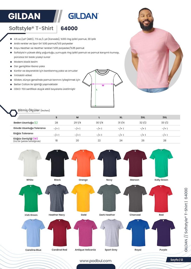 Może przedstawiać: Koszulki Gildan Softstyle w r&oacute;żnych kolorach, w tym białym, czarnym, pomarańczowym i granatowym. Zdjęcie przedstawia mężczyznę w r&oacute;żowej koszulce. Koszulki dostępne są w rozmiarach od S do 3XL, z wymiarami w cm.