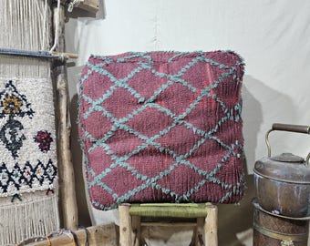 Vintage Moroccan Pouf, Purple Wool Floor Cushion, Handmade Berber Rug Pillow, Diamond Pattern Boho Decor, Authentic Ottoman Pouf Cover