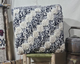 Black and White Moroccan Pouf Cover, Handmade Berber Wool Ottoman, Textured Boho Floor Cushion, Modern Home Decor, Artisan Pouf Cover.