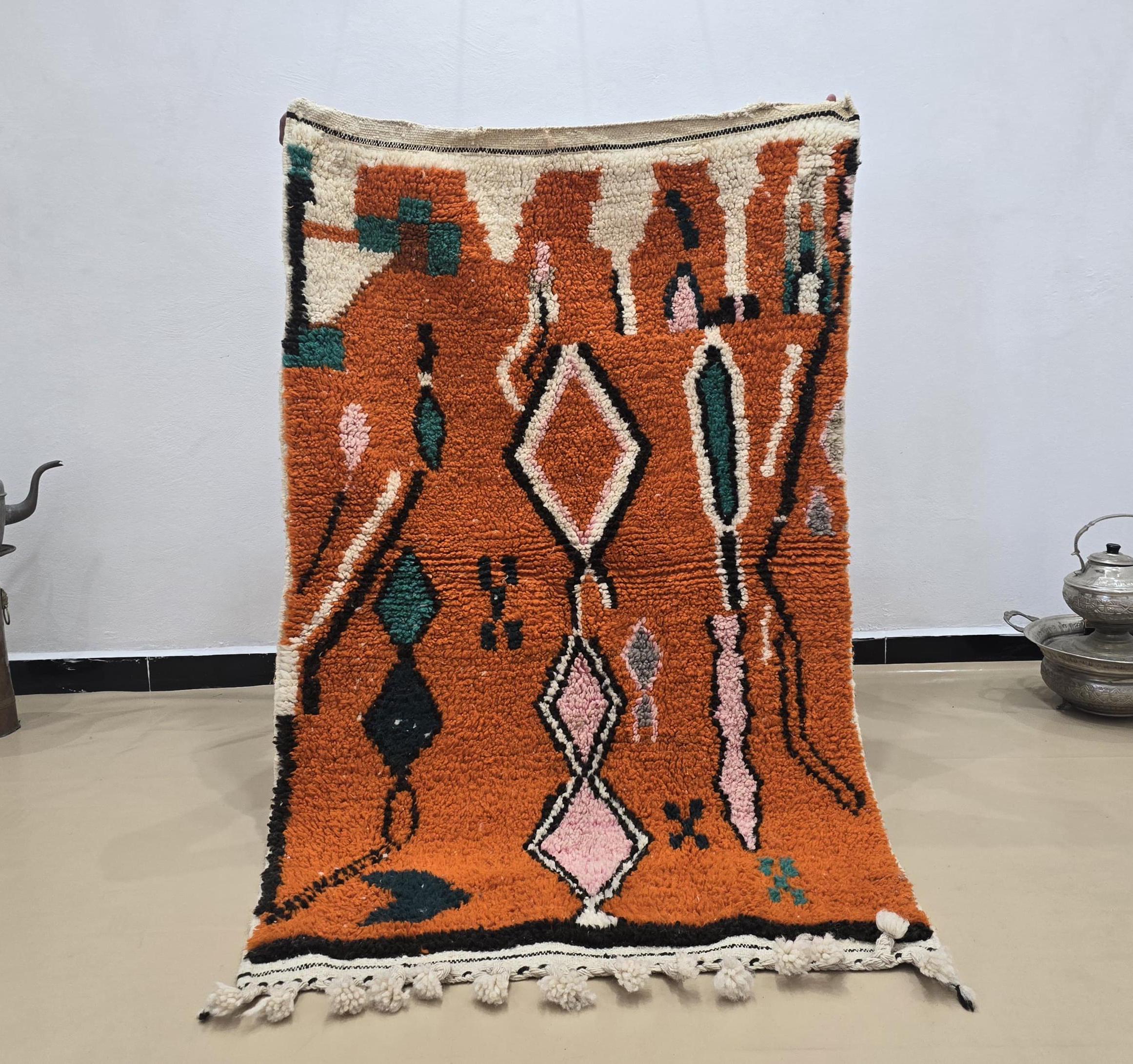 幾何学模様　モロッコ　ウールラグ オレンジ系 幾何学模様 モロッコ ウールラグ オレンジ系｜モロッコウールラグ