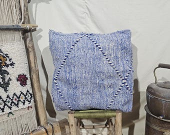 Vintage Moroccan Pillow Cover, Blue Striped Kilim Cushion, Handmade Berber Rug Pillow, Tribal Diamond Boho Decor, Large Floor Ottoman Case