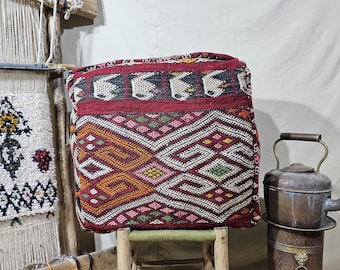 Authentic Moroccan Kilim Pouf Cover, Handmade Berber Ottoman, Tribal Geometric Floor Cushion, Vintage Boho Decor.