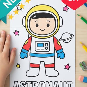 May include: A children's coloring page with a cartoon astronaut in a yellow helmet and red and blue suit, with the word "ASTRONAUT". Includes a "NEW" banner and a "50% OFF" tag, plus star and planet illustrations.