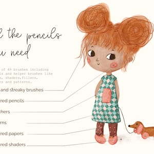 May include: A set of 49 digital brushes for drawing, including pencils, papers, shaders, fillers, borders, and patterns. The image shows a cartoon girl with red hair and a green and white dress walking a brown dachshund.