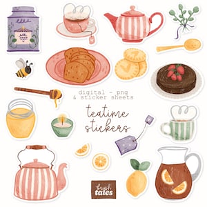Digitale sticker theetijdbundel PNG - dagboekstickers - plannerstickers - theestickers - handgetekend - plakboekstickers - fuzzy cut
