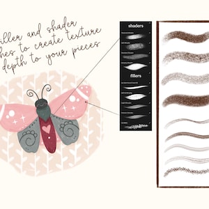 May include: A digital illustration of a pink and gray butterfly with a red heart on its body. The butterfly is surrounded by a white background with pink and brown lines. The image includes text that says "use filler and shader brushes to create texture and depth to your pieces". The image also shows a list of "shaders" and "fillers" with different brush strokes.