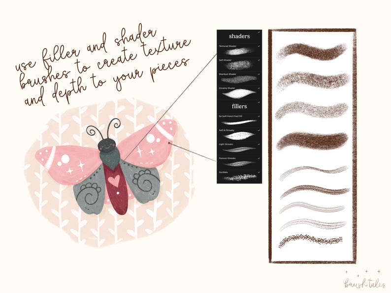 May include: A digital illustration of a pink and gray butterfly with a red heart on its body. The butterfly is surrounded by a white background with pink and brown lines. The image includes text that says "use filler and shader brushes to create texture and depth to your pieces". The image also shows a list of "shaders" and "fillers" with different brush strokes.