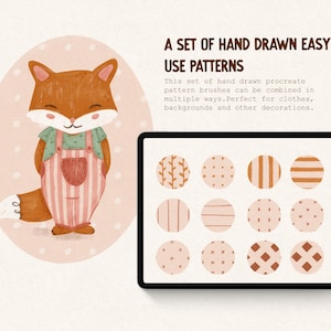 May include: A set of 12 hand-drawn digital patterns in a tablet screen. The patterns are in shades of brown and pink and include stripes, dots, and geometric shapes. The text "A set of hand drawn easy to use patterns" is displayed above the tablet screen.