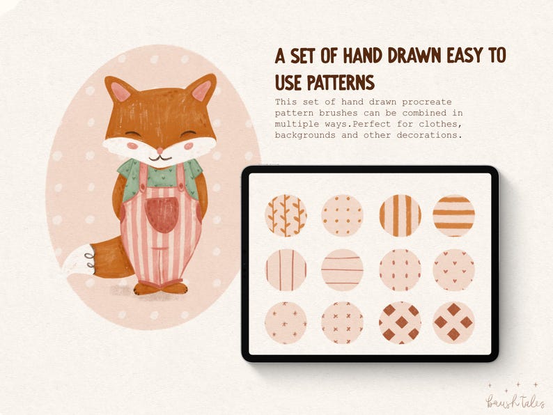 May include: A set of 12 hand-drawn digital patterns in a tablet screen. The patterns are in shades of brown and pink and include stripes, dots, and geometric shapes. The text "A set of hand drawn easy to use patterns" is displayed above the tablet screen.
