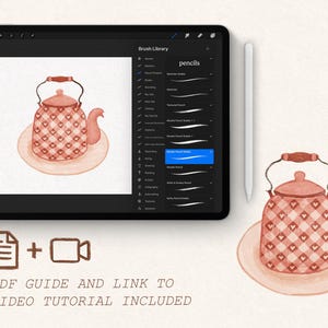 May include: A digital illustration of a red and white teapot with a heart pattern on a plate. The image is on a digital canvas with a brush library and a stylus.