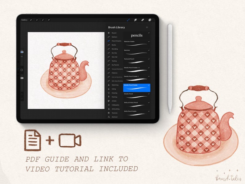 May include: A digital illustration of a red and white teapot with a heart pattern on a plate. The image is on a digital canvas with a brush library and a stylus.