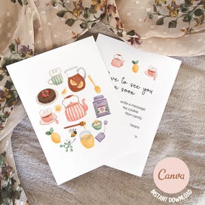 Carte de voeux pour l'heure du thé | Carte imprimable printemps | Carte d'été dessinée à la main | Téléchargement numérique | Carte à imprimer à la maison| Jolie carte BFF | dessiné à la main