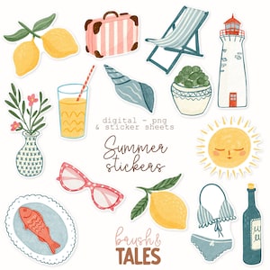 Summer Sticker Bundle PNG: Hand-Drawn Beach & Vacation Scrapbook Stickers (Digital Download)