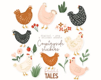 Hand Drawn Countryside Sticker Bundle: Hens, Flowers, Farm (PNG & Digital Download)