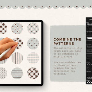 May include: A digital tablet screen displaying 12 different patterns in circles. The patterns are made up of gingham, stripes, hearts, and polka dots in shades of brown, white, and blue. The text "COMBINE THE PATTERNS" is displayed on a light blue background. The patterns in this brush pack are made to be combined in multiple ways. You can combine two or three pattern brushes for many interesting new patterns.