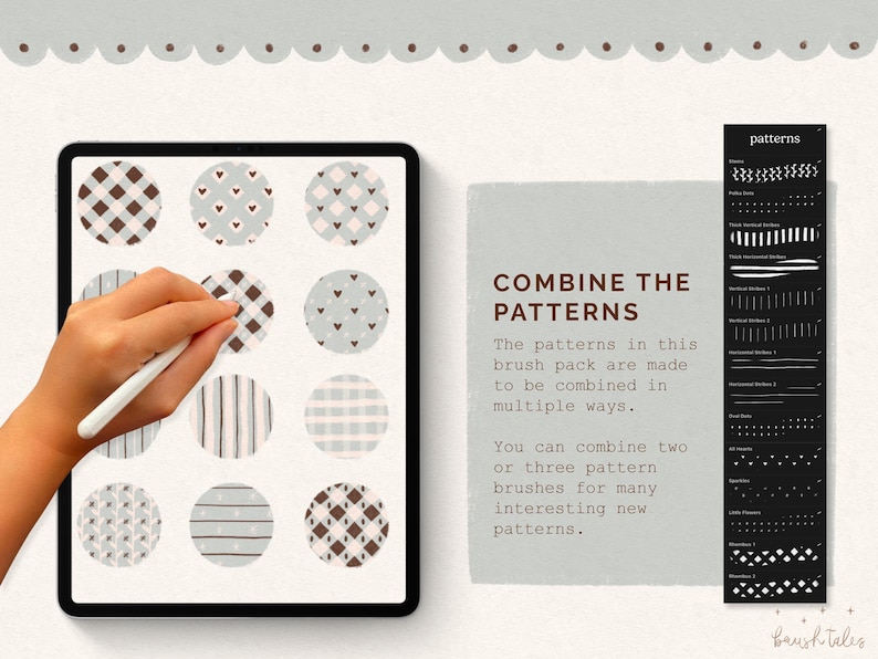 May include: A digital tablet screen displaying 12 different patterns in circles. The patterns are made up of gingham, stripes, hearts, and polka dots in shades of brown, white, and blue. The text "COMBINE THE PATTERNS" is displayed on a light blue background. The patterns in this brush pack are made to be combined in multiple ways. You can combine two or three pattern brushes for many interesting new patterns.