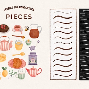 May include: A digital illustration of hand-drawn watercolor style elements, including a teapot, teacups, cake, lemons, honey, and a candle. The image also includes a chart of different pencil strokes, labeled "pencils". The text "PERFECT FOR HANDDRAWN PIECES" is at the top of the image.