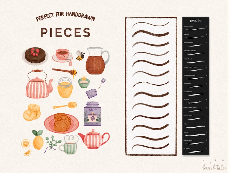 May include: A digital illustration of hand-drawn watercolor style elements, including a teapot, teacups, cake, lemons, honey, and a candle. The image also includes a chart of different pencil strokes, labeled "pencils". The text "PERFECT FOR HANDDRAWN PIECES" is at the top of the image.
