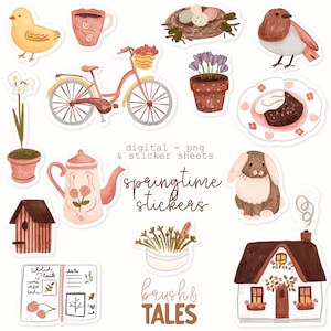Pacote de adesivos digitais Primavera PNG - Adesivos para diário - Adesivos para planejador - Páscoa - Casa aconchegante - Desenhado à mão - Álbum de recortes - Recorte felpudo