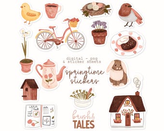 Springtime Sticker Bundle: Hand-Drawn Cottagecore Planner Stickers (Digital Download)