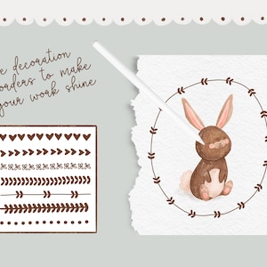 May include: A set of brown watercolor borders with different designs, including hearts, arrows, and leaves. The text "use decoration borders to make your work shine" is written in brown cursive script. A brown rabbit with pink ears is sitting inside a brown leaf border.