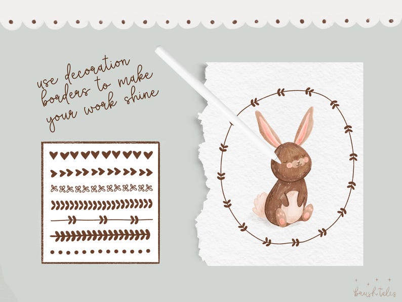 May include: A set of brown watercolor borders with different designs, including hearts, arrows, and leaves. The text "use decoration borders to make your work shine" is written in brown cursive script. A brown rabbit with pink ears is sitting inside a brown leaf border.