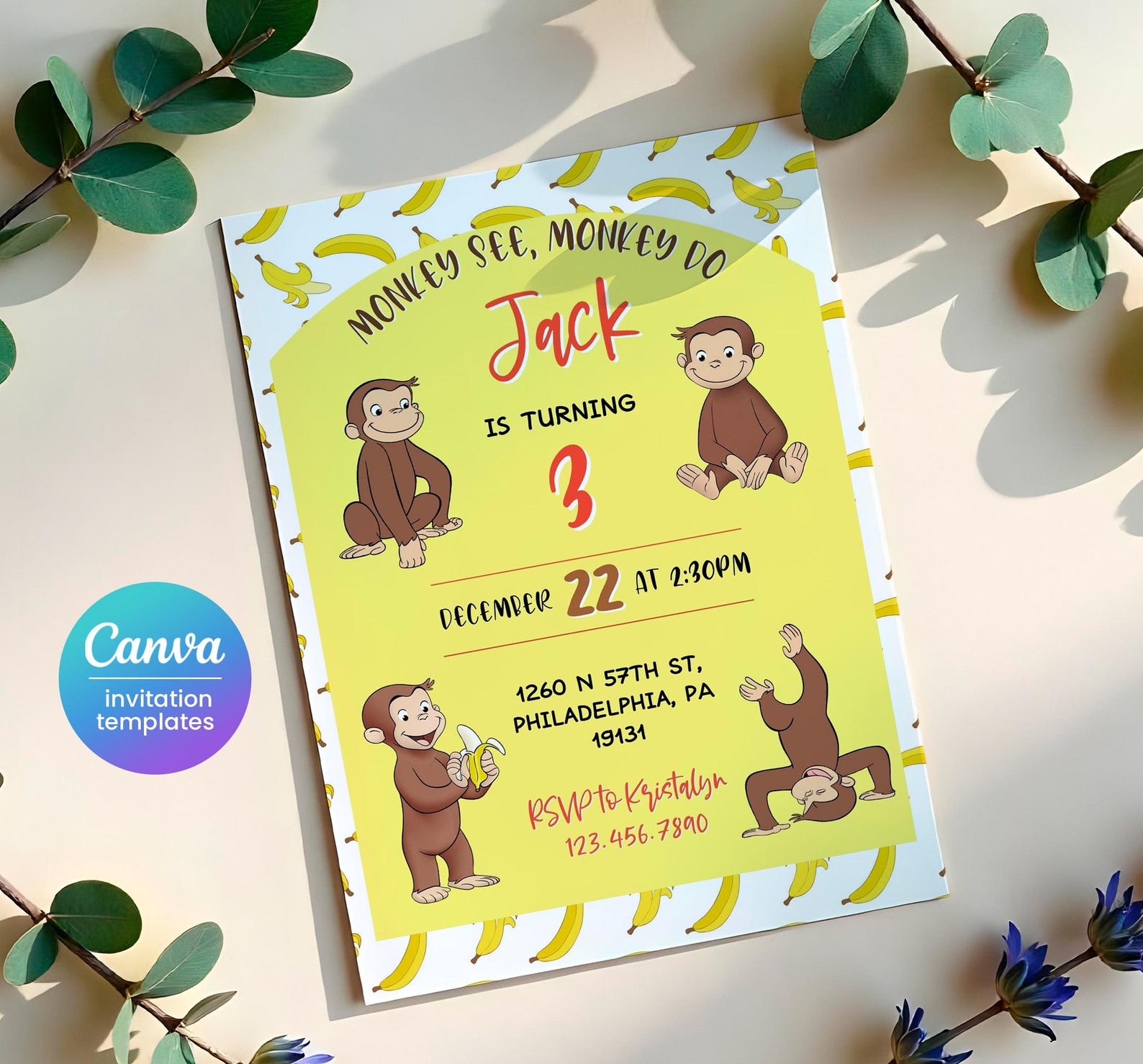 Curious Birthday Invitation, Printable Monkey Invite, Ape Invite