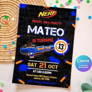 Dart gun party, dart wars birthday invitation, editable nerf invite template, boy birthday invitation, printable editable birthday invite