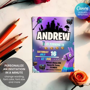 May include: A purple and blue Fortnite-themed birthday invitation for an 11-year-old boy named Andrew. The invitation features a llama, a chest, and a castle silhouette. The text reads "Andrew is turning 11, Saturday July 16 at 1 PM, Adrew's House 234 Roses St, Texas, TX 95873, RSVP to Katalyon 111 222 33 34".