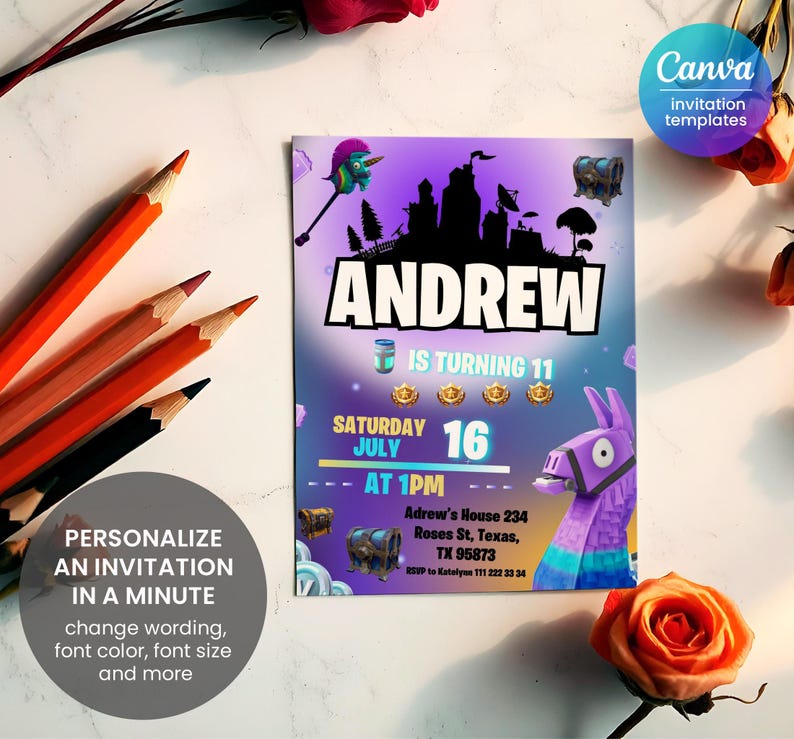 May include: A purple and blue Fortnite-themed birthday invitation for an 11-year-old boy named Andrew. The invitation features a llama, a chest, and a castle silhouette. The text reads "Andrew is turning 11, Saturday July 16 at 1 PM, Adrew's House 234 Roses St, Texas, TX 95873, RSVP to Katalyon 111 222 33 34".