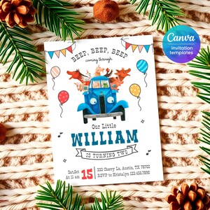 May include: A blue truck with a white cab and a yellow steering wheel is filled with farm animals. The truck has a red, white, and blue flag on the back. The text on the invitation reads "Beep, Beep, Beep coming through" and "Our Little William is turning two". The invitation also includes the date, time, and location of the party.