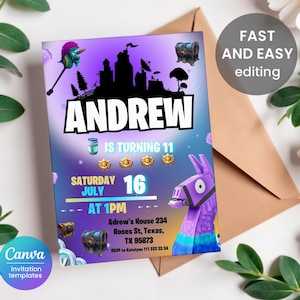 May include: A purple and blue Fortnite-themed birthday invitation for Andrew's 11th birthday party. The invitation features a llama, a castle, and a chest. The text on the invitation reads "Andrew is turning 11, Saturday July 16 at 1 PM, Adrew's House 234 Roses St, Texas, TX 95873, RSVP to Katelynn 111 222 33 34".