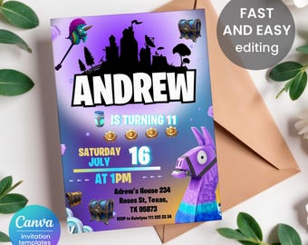 Printable birthday invitation, Boy Gamer invitation, editable invite template, video game party, tennager boy birthday, instant download