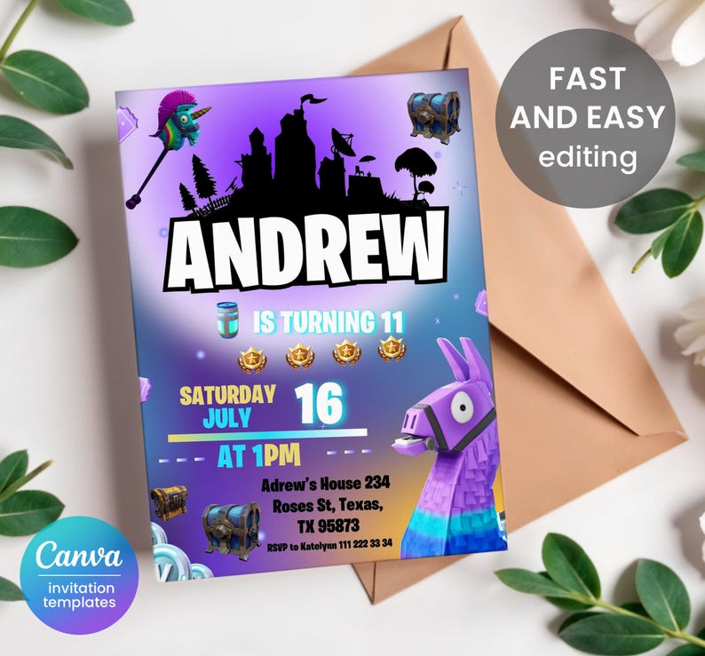 May include: A purple and blue Fortnite-themed birthday invitation for Andrew's 11th birthday party. The invitation features a llama, a castle, and a chest. The text on the invitation reads "Andrew is turning 11, Saturday July 16 at 1 PM, Adrew's House 234 Roses St, Texas, TX 95873, RSVP to Katelynn 111 222 33 34".