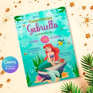 Princess Ariel birthday invitation, girl editable invite template, Little Mermaid printable invitation, Under Sea party, instant download image 2