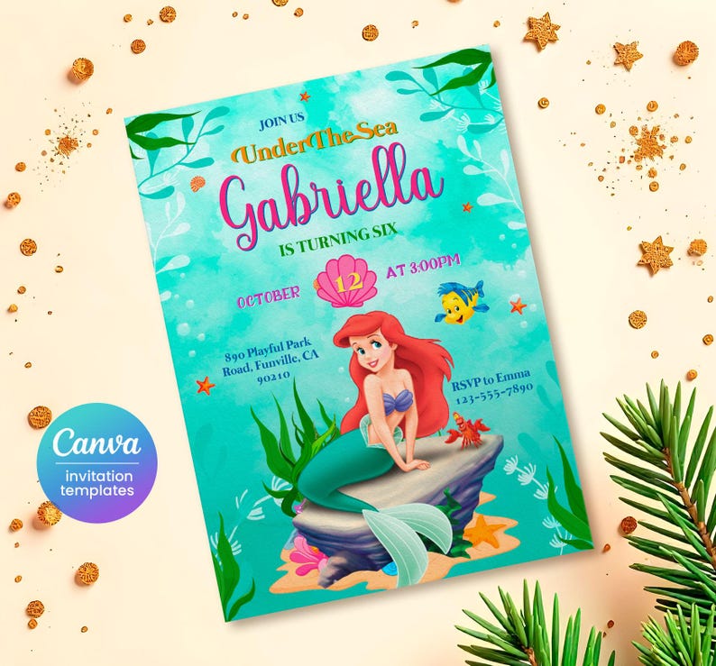 Princess Ariel birthday invitation, girl editable invite template, Little Mermaid printable invitation, Under Sea party, instant download image 2