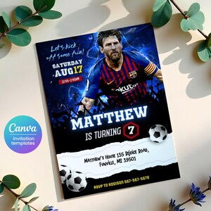 Messi invitation, Soccer invite, Champions League birthday invitation template, FIFA Printable editable invite, sports ball football party