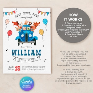 May include: A blue truck with farm animals on top, a birthday invitation for a child named William turning two. The invitation includes the date, time, location, and RSVP information. The invitation is designed with a whimsical cartoon style.