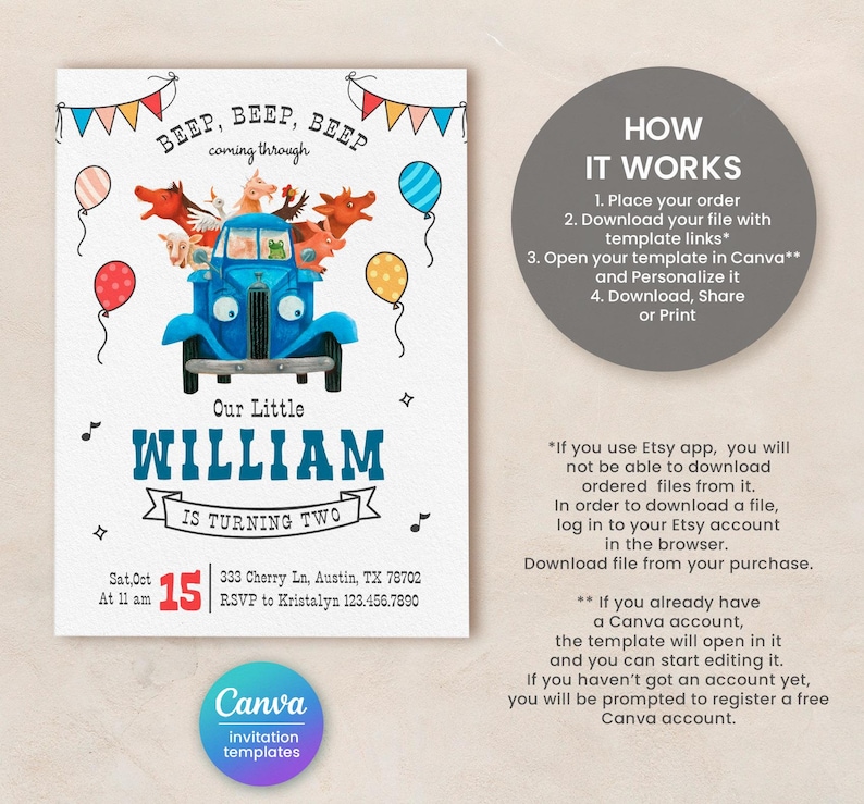 May include: A blue truck with farm animals on top, a birthday invitation for a child named William turning two. The invitation includes the date, time, location, and RSVP information. The invitation is designed with a whimsical cartoon style.