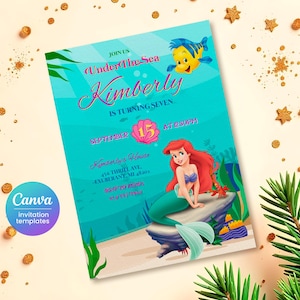 Invitation d'anniversaire de la princesse Ariel, modèle d'invitation modifiable pour fille, invitation imprimable de la petite sirène, fête sous la mer, téléchargement immédiat