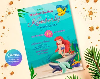 Princess Ariel birthday invitation, girl editable invite template, Little Mermaid printable invitation, Under Sea party, instant download