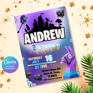 May include: Purple and blue Fortnite-themed birthday party invitation for Andrew, who is turning 11. The invitation features a llama, a video game controller, and a castle silhouette. The text reads "Andrew is turning 11, Saturday July 16 at 1 PM, Adrew's House 234, Roses St, Texas, TX 95873, RSVP to Katelynn 111 222 33 34."