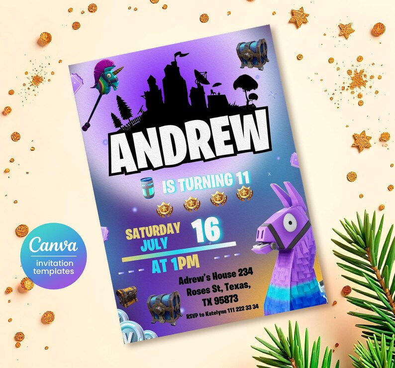 May include: Purple and blue Fortnite-themed birthday party invitation for Andrew, who is turning 11. The invitation features a llama, a video game controller, and a castle silhouette. The text reads "Andrew is turning 11, Saturday July 16 at 1 PM, Adrew's House 234, Roses St, Texas, TX 95873, RSVP to Katelynn 111 222 33 34."