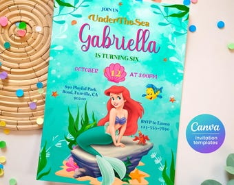 Princess Ariel birthday invitation, girl editable invite template, Little Mermaid printable invitation, Under Sea party, instant download